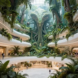 epic alien jungle by zdzisław beksinski, greg rutkowski inside a giant futuristic mall by zaha hadid