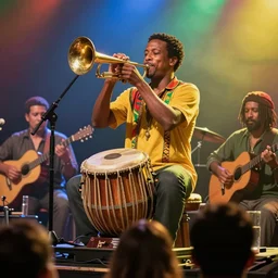 a beautiful reggae music concert, raw, brass instrument, singer, tabla, guitar, battery, view from the crowd, by james jean, by rossdraws, frank franzzeta, mcbess, yellow blue red green scheme color