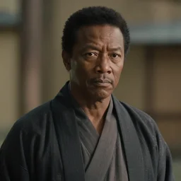 a film still of samuel l. jackson starring in a japanese blockbuster film as yoshimitsu, shallow depth of field, cinematic, award winning cgi, vfx, film still
