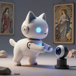 product photo of a stylized futuristic playful robot pet, minimalistic kindchenschema, by artgerm and greg rutkowski and marc newson and zaha hadid, alphonse mucha, zaha hadid, samsung apple webcam, playing, sleek matte glossy materials, neon, kitten puppy pig otter fennec inspired. side view, volumetric light, detailed, octane render, midsommar