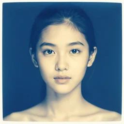a beautiful portrait cyanotype of a slim Filipina girl, beautiful detailed eyes, golden hour in Boracay, outdoors, professional award winning portrait photography, Zeiss 150mm f/ 2.8 Hasselblad