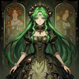 beautiful green hair anime woman victorian dress, steampunk, fantasy, eerie, intricate details, pixiv, digital painting, artstation, concept art, 8 k, art by artgerm, loish and alohonse mucha and eiichiro oda symmetrical face symmetrical eyes