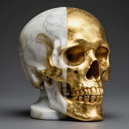 award winning photo of a half gold half marble statue of a beautiful skull