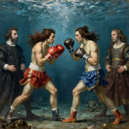 epic beautifull renaissance portrait of 2 boxers fighting underwater, art by * christy lee rogers * ( with help of mario testino and peter lindbergh, neil leifer, and marta syrko )