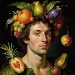 a close - up portrait of a futuristic tropical man with colorful airborne fruit. studio lighting. black background. highly detailed science - fiction painting by norman rockwell, moebius, frank frazetta, syd mead, and giuseppe arcimboldo. rich colors, high contrast. renaissance masterpiece. artstation