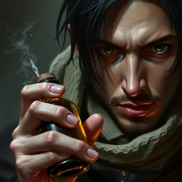 close shot male aasimar alchemist, ear - length raven - black hair, holding a bottle of poison | | realistic shaded, fine details, realistic shaded lighting painting by greg rutkowski, diego gisbert llorens, magali villeneuve, artgerm, jeremy lipkin, michael garmash, rob rey