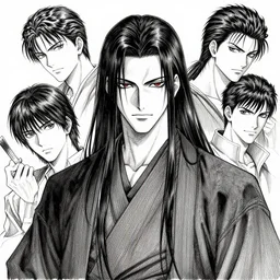 portrait of a sinister anime man with long hair wearing a dark robe, pen and ink, intricate line drawings, by craig mullins, ruan jia, kentaro miura, greg rutkowski, loundraw