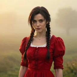 beautiful aerith gainsborough in real life, face centered portrait, red cottagecore dress, confident, fog, rain, volumetric lighting, beautiful, golden hour, sharp focus, ultra detailed, cgsociety by leesha hannigan, ross tran, thierry doizon, kai carpenter, ignacio fernandez rios