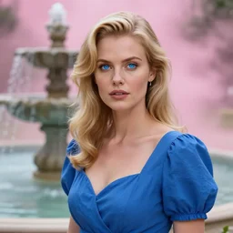 detailed portrait of a beautiful blonde haired woman with sparkling blue eyes, elegant, blue cotton dress, background is a fountain in the park, in the style of peter mohrbacher, artgerm, dramatic lighting and composition, pink fog background, octane render, trending on artstation, concept art 8 k