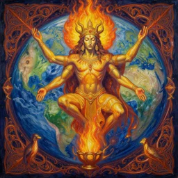 the sacred fire spirit king of earth by GEOGLYPHIKS by FABIÁN JIMÉNEZ by MICHAEL DIVINE by AMANDA SAGE in the style of oil painting visionary art, intricate oil painting artwork. , trending on artstation, very coherent symmetrical artwork, oil painting