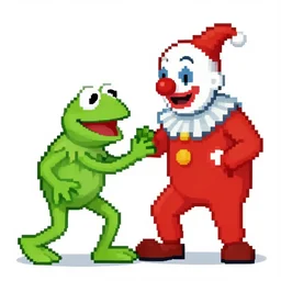 1 6 bit, pixel art, kermit the frog fighting a clown on the sidewalk, a clown is beat up on the floor by big kermit