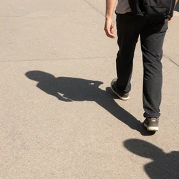 a scene with a man walking from the perspective of his shadow, digital art, highly detailed, realistic, bright colors, 8 k