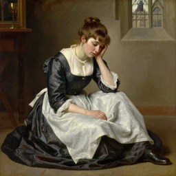 painting by Edmund Blair Leighton of a beautiful barmaid in old silky clothes sitting on the floor, looking sad, detailed face, touching her clothes and her face, the interior of a medieval castle in the background, 4k oil on linen by Edmund Blair Leighton, highly detailed, soft lighting 8k resolution
