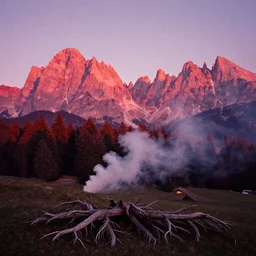 1 9 2 0 s color spirit photography 9 1 1 1 2 1 of alpine red sunrise in the dolomites, forest, smoke from mountains, roots, by william hope, beautiful, dreamy, grainy
