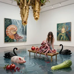 dripping, painting of a flooded modern art gallery and a tall emo girl, art gallery interior, wasabi root, pig, waterfall, bench seat, nautilus, sensual, organic, pomegranates, holding a pig, octopus, zen, black swans, courgettes, berries, 1 6 mm lens, surrealist, by magritte and monet