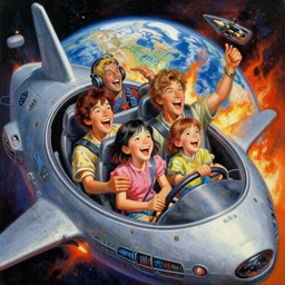 a picture of a laughing family in a alien space ship, a detailed action painting by mort kunstler, pixiv, kitsch movement, ( ( burning earth in background ) ), movie poster, official art