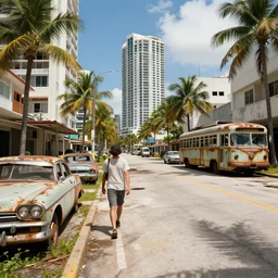 i walk through dilapidated fallout 5 miami, tropical coastal city in real life, desolate, dilapidated, empty streets, some rusted retro futuristic vintage styled parked vehicles like cars, buses, trucks, trams, sunny weather, few clouds, volumetric lighting, photorealistic, daytime, spring, sharp focus, ultra detailed, technicolour 1