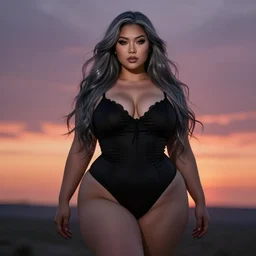 a moody realistic full body image of a voluptuous curvy witch with an awesome body and long shimmering gray hair and asian eyes at sunset by Nick Silva, cleavage, trending on artstation, 8k