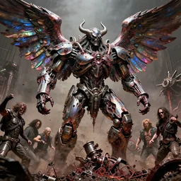 movie still of prismatic winged - demon battle chaos, intricately macerated by age, sentient, dethroned goliath machine, blood turbines, hydrocracking battles, chromed sheen rotting, by alberto bontempi, jack kirby, alex ross, shigeru komatsuzaki, wayne d barlowe, alex ross, simon bisley & boris vallejo, enric