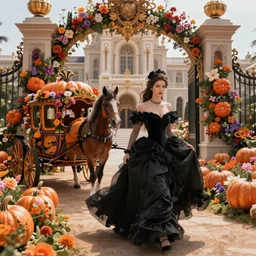 fairytale princess played by kardi b with lovely detailed realistic face and extraordinary sensual black dress entering the gates of her majestic palace of flowers , with horse driven , carriage made of pumpkins , epic scene unreal render hyperrealistic detail Star Wars mucha fantasy art behance