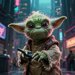 yoda in cyberpunk city, photorealistic, HDR, 4k, wallpaper, epic, Cinematic