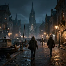 style : disco elysium. composition : long shot, waist level ; low angle. key words : digital art ; detailed ; 4 k. scenery : a gothic harbor city. subject : fishermen are wandering around. details : at night ; lanterns in the streets.