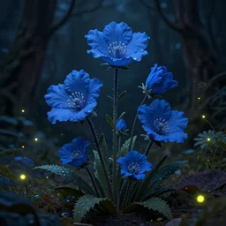 beautiful digital matte painting of whimsical botanical illustration blue flowers fireflies enchanted dark background sharp focus clarity