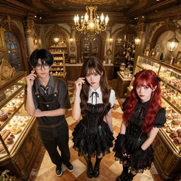 Three young adults working in a magical bakery, one of the friends is a young man with glasses and black hair, the second friend is a beautiful young woman with brunette hair without glasses, the third friend is a cute goth girl with red hair without glasses, wide angle photography, highly detailed and intricate, fantasy bakery interior setting, high resolution photograph
