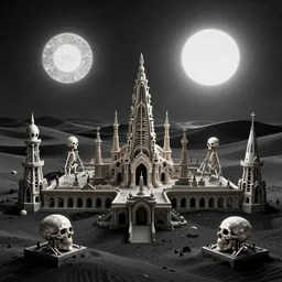 the skeletons of ancient buildings of a forgotten alien city in an ethereal desert of black sand under the durance of an alien sun, by edouard riou and anno finstark, trending on artstation 2d artwork
