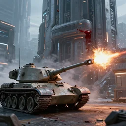 futuristic tank shooting the building, blood splatter, detailed, cinematic view, cinematic lights, 3 d photorealistic