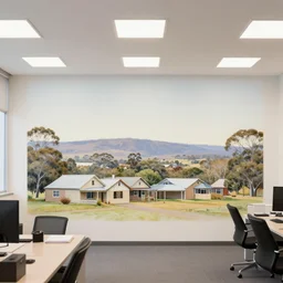a tasmanian village, airbrush painting, pale, inside an office, wide shot,