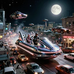 cheap shiny hovercraft in a traffic jam in a Russian cyberpunk slum city called Neo Norilsk on the Moon, at night, diverse, lively, black sky full of stars, blinding sun, sci-fi, lots of flying cars, levitation, cyberpunk outfits, photorealistic, grainy, 35mm, intricate, very very beautiful, elegant, smooth, cinematic, Unreal Engine 5, by Beeple, trending on Artstation HD