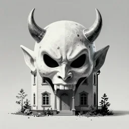 a ghost house in the form of a demonic face. 1 9 8 0's horror movie poster