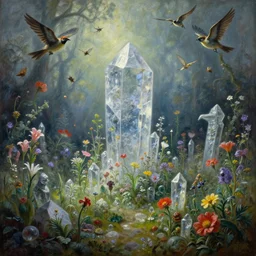 'Life from death' An aesthetic horror landscape painting depicting 'A crystalline graveyard with plants and flowers growing all over it, birds and insects flying all around it' by Rembrandt, Trending on cgsociety artstation, 8k, masterpiece, cinematic lighting, highly detailed, vibrant colors.