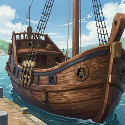a close up view of a medieval ship standing in port, viewed from the port, highly detailed anime visual key art, artstation,