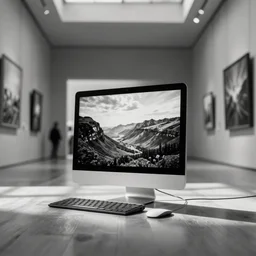 desktop pc on floor in the middle of a large museum, artwork on walls, black and white polaroid