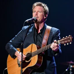 A White man wearing a suit playing guitar and singing a country song on stage, 4k, hyper realistic, HDR, super detailed