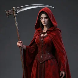 A female Grim Reaper, wearing a red cloak and hood, holding a scythe, Photo realistic, hyper detail, Gustavo Dore’, Hyper realism, 3-D shading, octane render, art station,