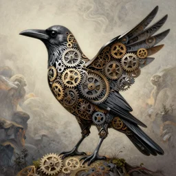 artistic drawing of a fractal crow, made of engrenage, symbolist, visionary, detailed, realistic, surreality