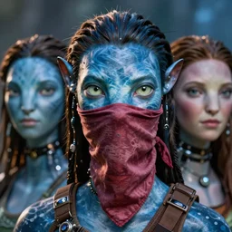 a stunning ultra detailed fantasy fine art portrait photo of a na'vi from avatar movie, by tom bagshaw, karol bak and natalie shau, bandana mask, 3 5 mm lens, golden ratio composition, deep depth of field, perfect eyes and face, biomechanical robot, cybernetic implants, cyberpunk, soft lighting, artstation, 8 k