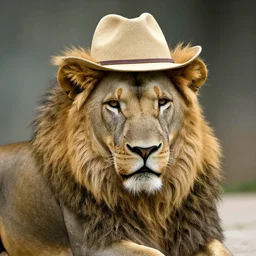 lion at the zoo wearing a hat