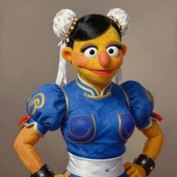 ultra realistic janice from the muppets as chun li from street fighter, portrait painting by frank frazetta, 4 k, ultra realistic, highly detailed,