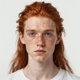 portrait of a thin young man with long red hair, ponytail, a lot of freckles on his face, intricate, symetric, highly detailed, digital painting, artstation, sharp focus