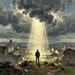 a scenic landscaping view of alone military soldier standing in the ruins of the city, ray of sunlight, powerful clouds, greg rutkowski, moebius, bill sienkiewicz, alphons mucha, countryside color scheme, ultra wide angle, ultra detailed, light effect