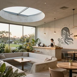 inside luxurious earthship cafe with sunken lounge and indoor garden with skylights, friendly barista, and artist painting an alex grey mural on the wall, clean and simple composition, golden ratio, rule of thirds, XF IQ4, 150MP, 50mm, F1.4, ISO 200, 1/160s, dawn