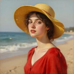 beautiful oil matte portrait painting, young woman with a red dress and a mustard yellow summer hat enjoying the beach, wonderful masterpiece highly detailed, beautiful cinematic light deep focus, elegant, digital painting, smooth, sharp focus, golden ratio, dramatic illumination, ultra realistic, 8 k, art by artemisia lomi gentileschi and caravaggio
