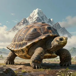 A giant continent sized tortoise with a shell made out of a  mountain by studio ghibli,peaceful atmosphere, serene lighting ,digital art , highly detailed , high contrast, beautiful lighting, award winning , trending on art station, photorealistic, 8k