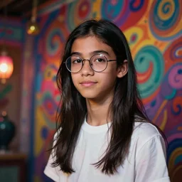 colorful and festive captivating teenager boy with straight long black hair, wearing round glasses and a white t - shirt. innocent look. femboy. rich vivid colors, ambient lighting, dynamic lighting, 4 k, atmospheric lighting, painted, intricate, highly detailed by charlie bowater