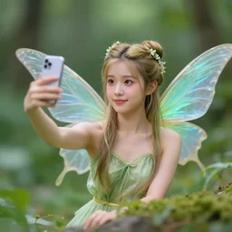 a realistic tiny fairy taking a selfie! Ultra realistic! 25mm f/1.7 ASPH Lens!