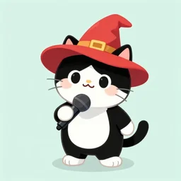 a black and white cat wearing a red witches hat and holding a microphone, full body shot, a pastel character portrait by puru, featured on pixiv, furry art, unreal engine 5, flat shading, official art, vanitas, smokey background, anthropomorphic, black left ear, black right paws